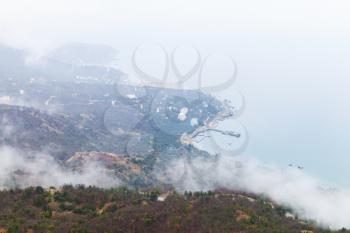Crimea peninsula, Black Sea coast, aerial landscape of Laspi in foggy spring day