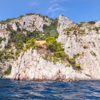 Coastal landscape with rocks of Capri island, Mediterranean Sea coast, Italy