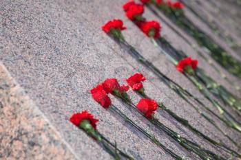 Red carnations lie on granite of monument to soldiers