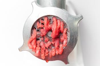 Closeup photo of mincer machine with fresh chopped meat