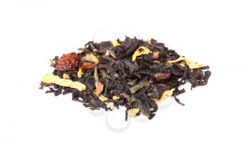Pile of mixed black and green tea with dry rosehip berries, calendula, sunflower petals  isolated on white background, selective focus with shallow DOF