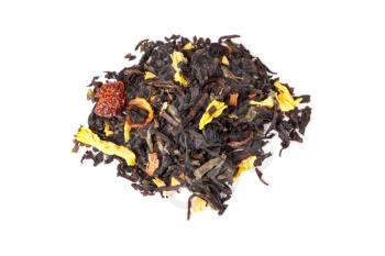 Pile of mixed black and green tea with dry rosehip berries, calendula, sunflower petals  isolated on white background, top view, selective focus