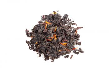 Small pile of big leaf black tea mixed with safflower and hibiscus petals isolated on white background, top view, selective focus