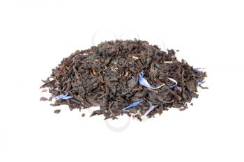 Small pile of big leaf black tea mixed with blue cornflower petals and pieces of bergamot isolated on white background, selective focus with shallow DOF