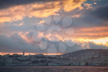 Bright colorful sunset sky over Tangier city, Morocco. Bright tonal correction photo filter effect