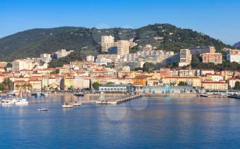 Port of Ajaccio, Corsica, the capital of Corsica, French island in the Mediterranean Sea. Summer morning cityscape