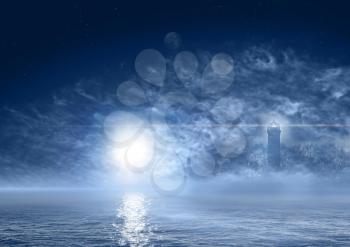 Beautiful night landscape of fantasy world with foggy ocean, sun, planets and ghostly lighthouse