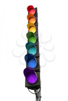 Seven-color rainbow traffic light concept isolated on white
