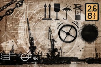 Collage with cargo shipping port elements