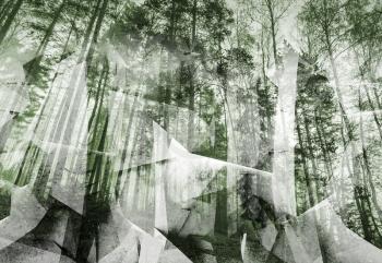 Abstract surreal forest background. Green toned photo collage with chaotic 3d structure 