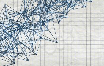 Abstract wire frame lattice mesh structure over old squared paper sheet, 3d render illustration