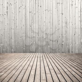 Empty square wooden room interior, wall and floor made of planks
