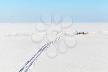 Blue sky, snow and Ski track crossing a frozen Baltic Sea. Winter sport - cross-country skiing