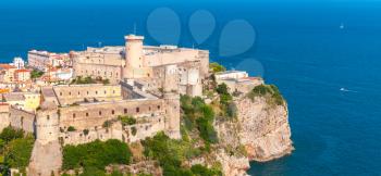 Aragonese-Angevine Castle on the cliff in old town of Gaeta, Italy. Panoramic photo, bird eye view