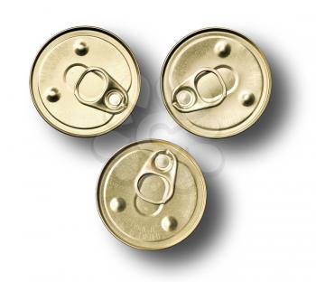 Top view of three food cans on white background