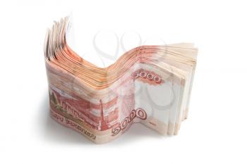 Stack of Russian money. Modern five thousandth roubles notes Isolated on white