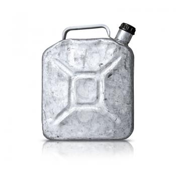 Old metallic gasoline jerry can isolated on white