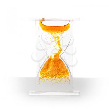 Hourglass with a red gel bubbles lifting up on white background