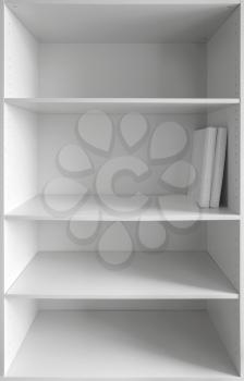 White cabinet with empty shelves and two books