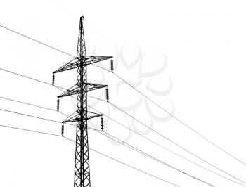 High voltage power lines and metal pylon isolated on white