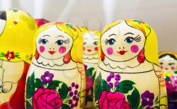 Bright colorful Matryoshka dolls, also known as a Russian nesting dolls. Popular souvenir