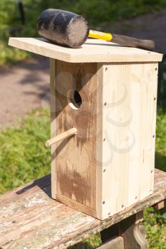 Rubber hummer lays on homemade birdhouse made of uncolored wood 