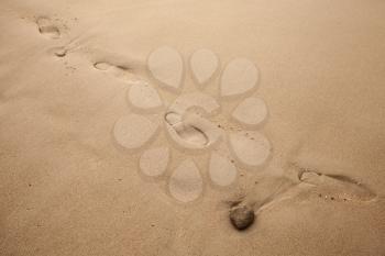 Footprints on wet coastal sand. Photo background 