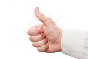 Closeup photo of male hand showing thumbs up sign isolated on white background