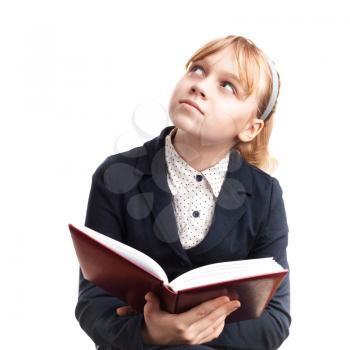 Blond Caucasian schoolgirl with textbook isolated on white