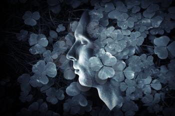Double exposure abstract conceptual photo collage, male face profile and dark blue wild Oxalis grass forest background