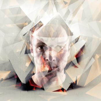 Stylized artistic conceptual young man portrait with chaotic polygonal broken fragments