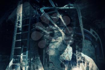 Abstract horror background, abandoned dark room with ghost of dangerous man in hood. Double exposure photo effect