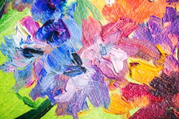 Oil painting, close up fragment with colorful flowers