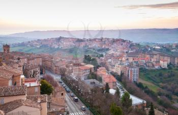 Small Italian town morning panorama. Province of Fermo, Italy