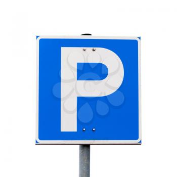 Blue square parking road sign isolated on white background