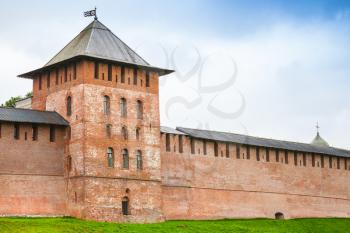 Novgorod Kremlin, also known as Detinets. Bank of the Volkhov River in old russian town Veliky Novgorod