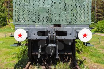 Armored train bumpers with red stars. Railway Gun details, front view