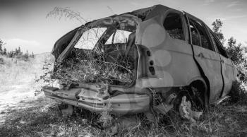 Abandoned rusted car body with growing grass inside, old style filter effect, monochrome retro photo