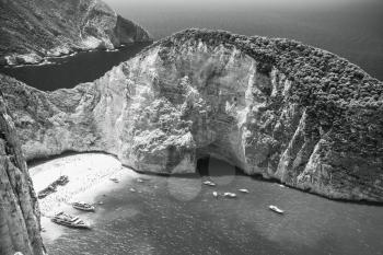 Monochrome landscape of Navagio bay and Ship Wreck beach. The most famous natural landmark of Zakynthos, Greek island in the Ionian Sea