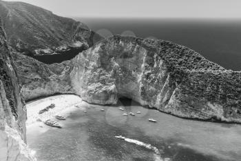 Black and white landscape of Navagio bay and Ship Wreck beach. The most famous natural landmark of Zakynthos, Greek island in the Ionian Sea