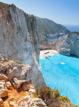 Vertical landscape of Navagio bay and Ship Wreck beach. The most famous natural landmark of Zakynthos, Greek island in the Ionian Sea