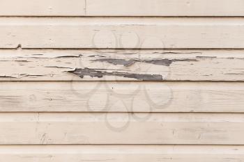 Old biege wooden wall with peeling paint layer, detailed background photo texture