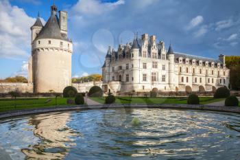 The Chateau de Chenonceau, medieval french castle, it was built in 15-16 century, an architectural mixture of late Gothic and early Renaissance. Loire Valley, France. Unesco heritage site