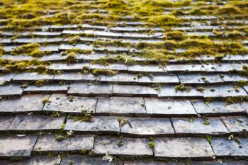 Old stone roof tiling with green moss growing over it, photo background with selective focus