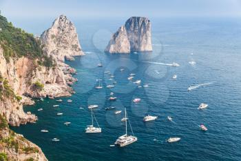 Capri island, Italy. Mediterranean Sea Coastal landscape with yachts and pleasure boats