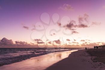 Purple sunrise over Atlantic Ocean coast, Bavaro beach, Hispaniola Island. Dominican Republic, coastal landscape with colorful tonal correction filter effect
