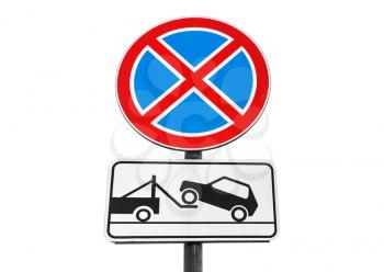Standing is prohibited, Evacuation on tow truck. Frontal photo of road signs isolated on white background