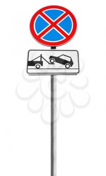 Standing is prohibited, Evacuation on tow truck. Road signs on mwtal pole isolated on white background