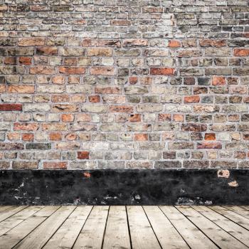 Old red brick wall and wooden floor, abstract empty interior background texture