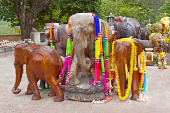 Group of decorated wooden elephants